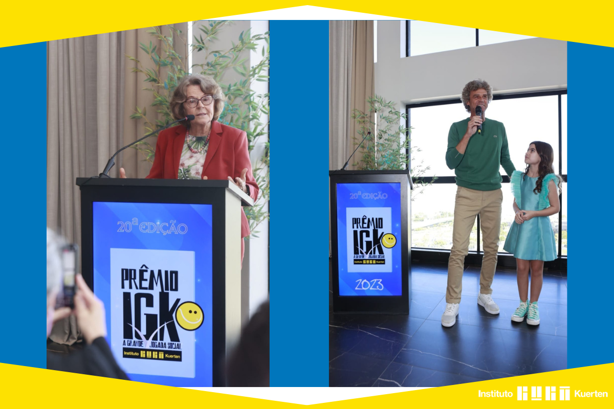 Fotod no Prêmio IGK. Na primeira foto temos Alice Kuerten palestrando e na segunda foto, temos Gustavo Kuerten palestrando.